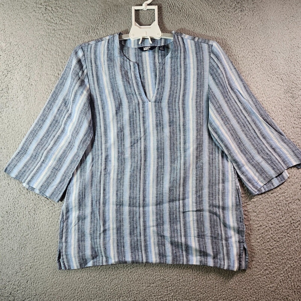 Lands' End 100% Linen Tunic Top Blouse Women Small 6 8 Blue Striped